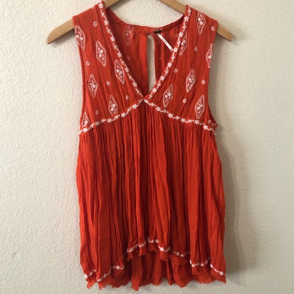 Free People Diamond Embroidered Red Boho V Neck Top - Size XS - Picture 1 of 7